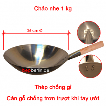 Wokpfanne-INOX-Cán Gỗ- Ø 36 cm, für Induktion & Gasherd, 10 cm Tief-Thép Trắng-Không gỉ sét-